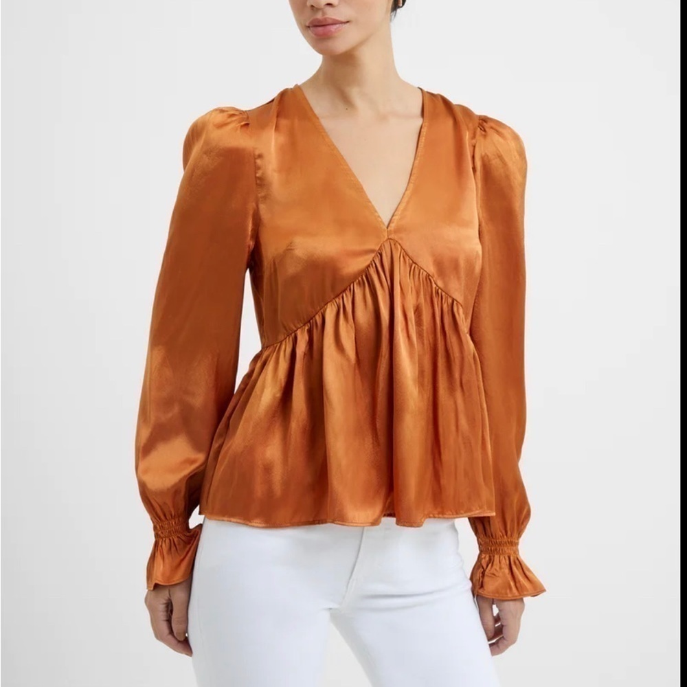 New French Connection Honey Bronze Inu Satin Peaseant Top US XL